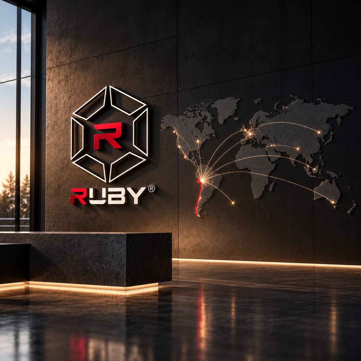 Vestíbulo corporativo RUBY® con mapa mundial iluminado
